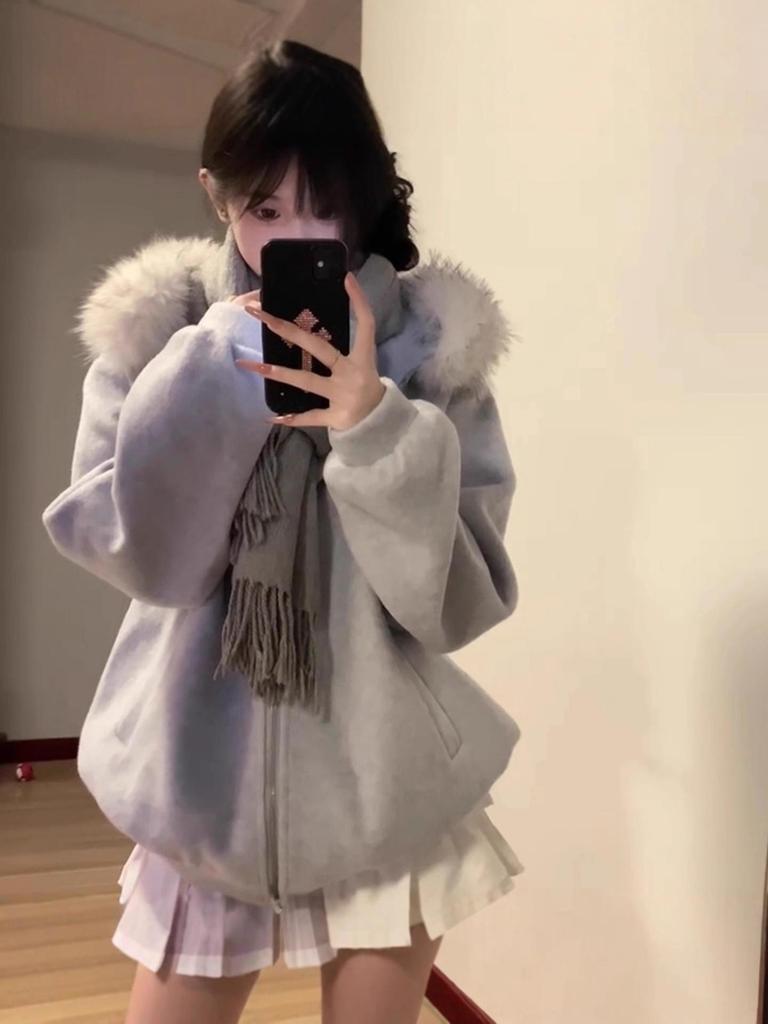 Women's High-End Quilted Woolen Coat with Fur Collar Hood and Thickening, Autumn/Winter Style