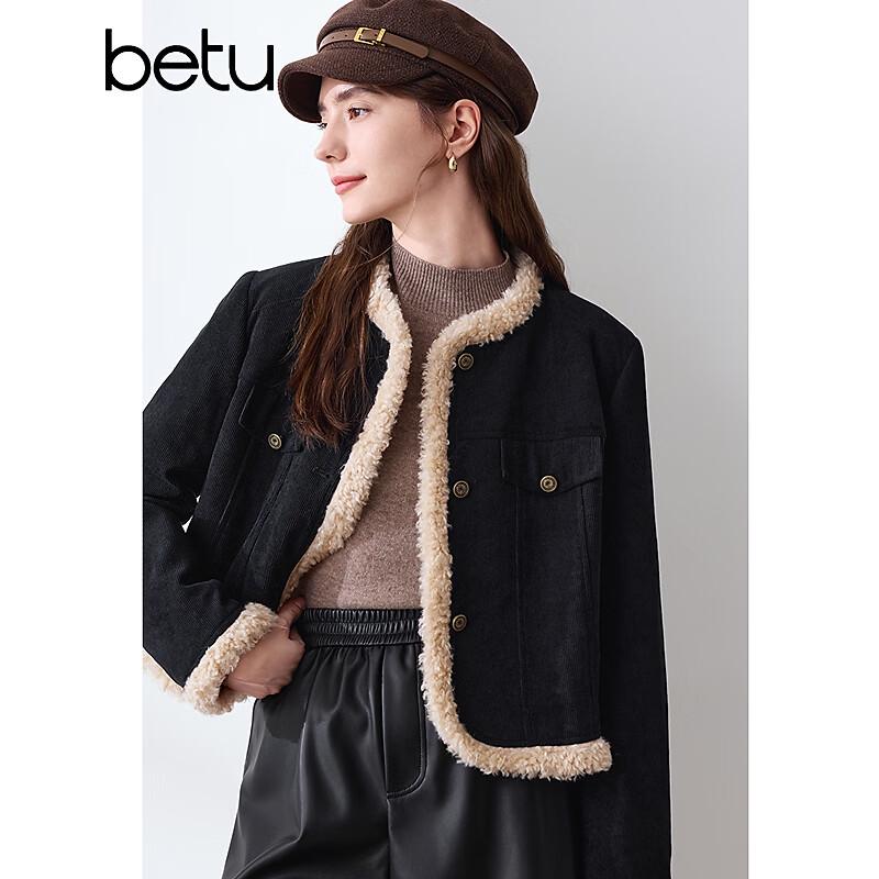 Betu Women s Winter Round Neck Corduroy Padded Short Jacket XS