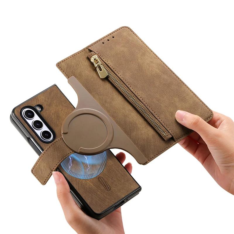 Magnetic 2 in 1 Detachable Flip Card Wallet Case for Magsafe Samsung Galaxy Z Fold 7 6 5 4 3 Zipper Cards Solt Leather Bag Cover