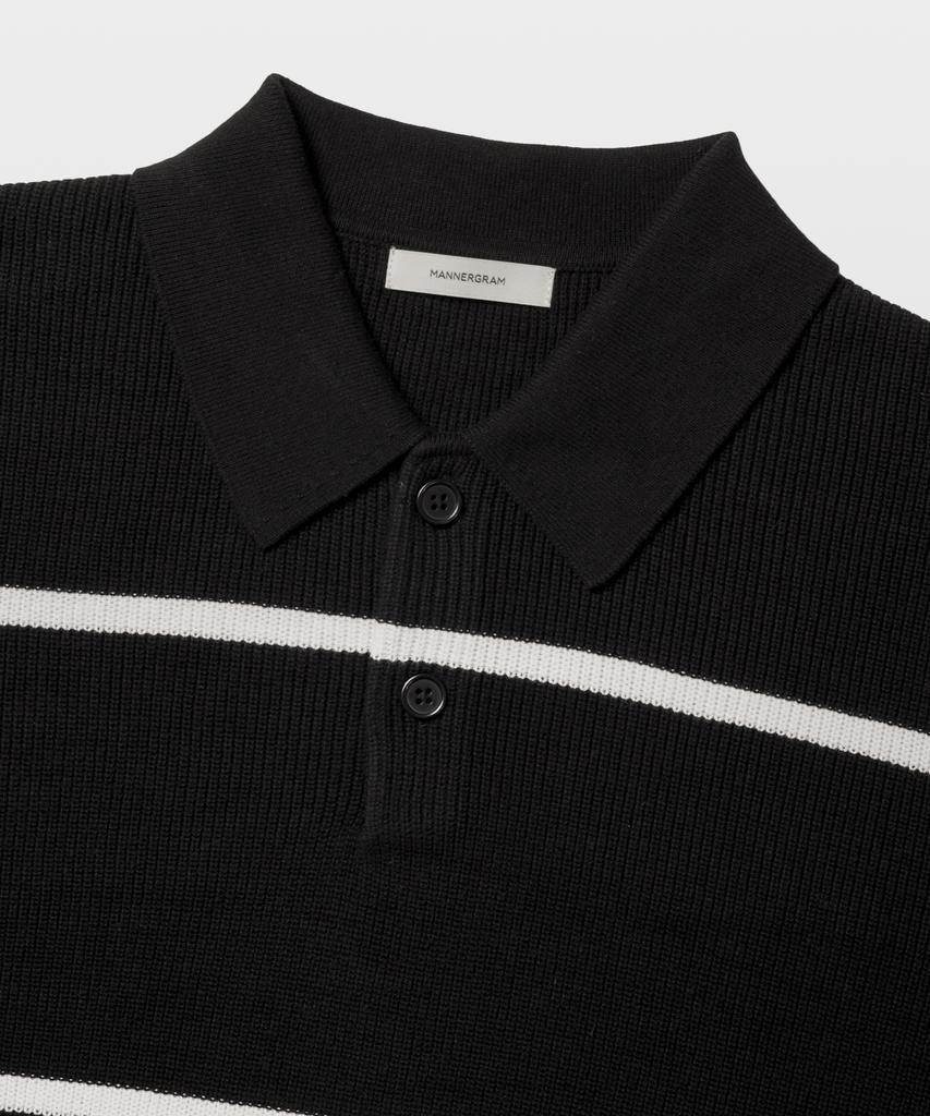 MANNERGRAM Textured Striped 100% Cotton Polo Short Sleeve Knit Black