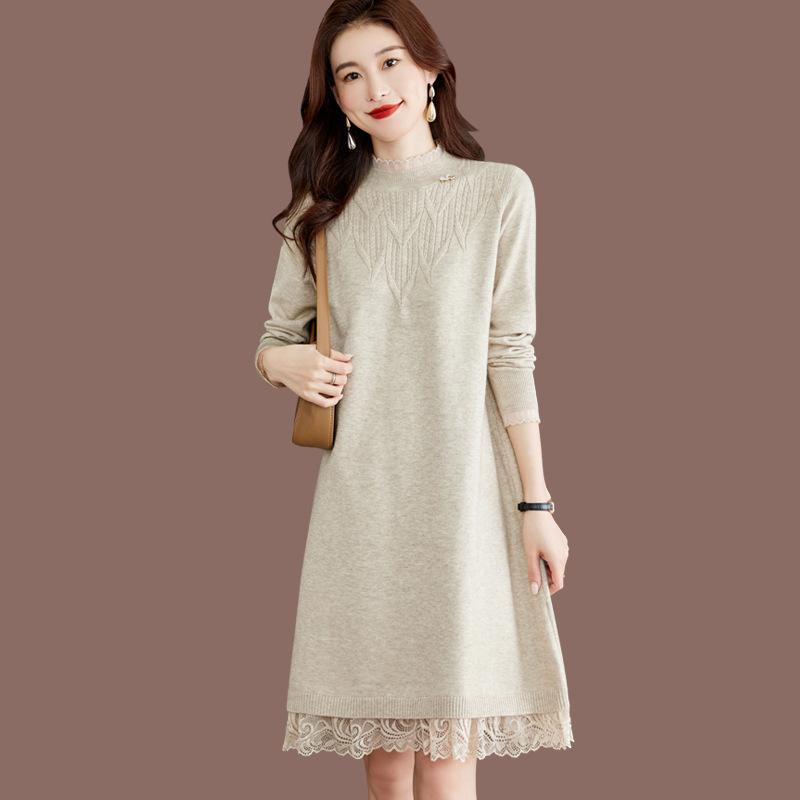 

Half Turtleneck Knitted Sweater Mid-length Women s Sweater Dress Solid-color Lace Casual Pullover for Autumn and Winter XL хаки