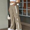 Ladies' Fashionable Side Striped Straight Leg Pants With Elastic Waist Pocket, Casual Sports Pants