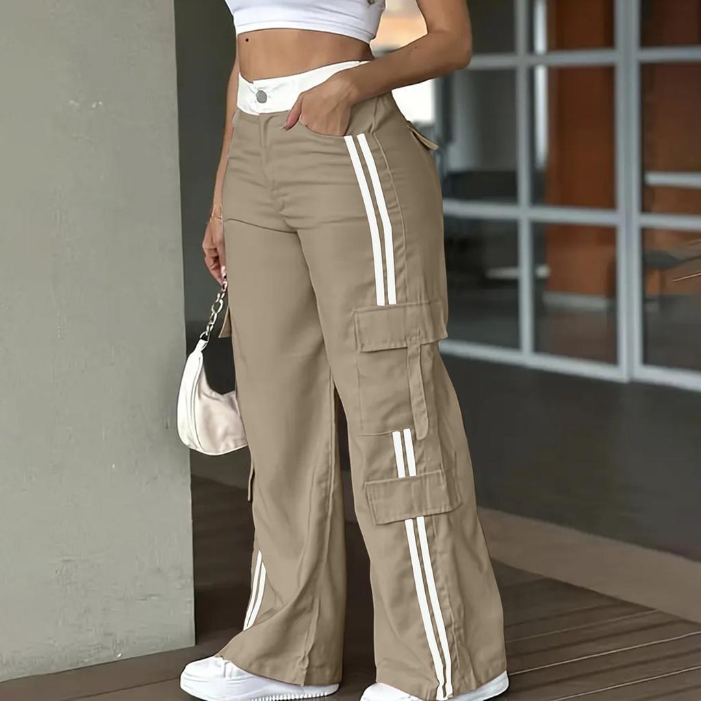 Ladies' Fashionable Side Striped Straight Leg Pants With Elastic Waist Pocket, Casual Sports Pants