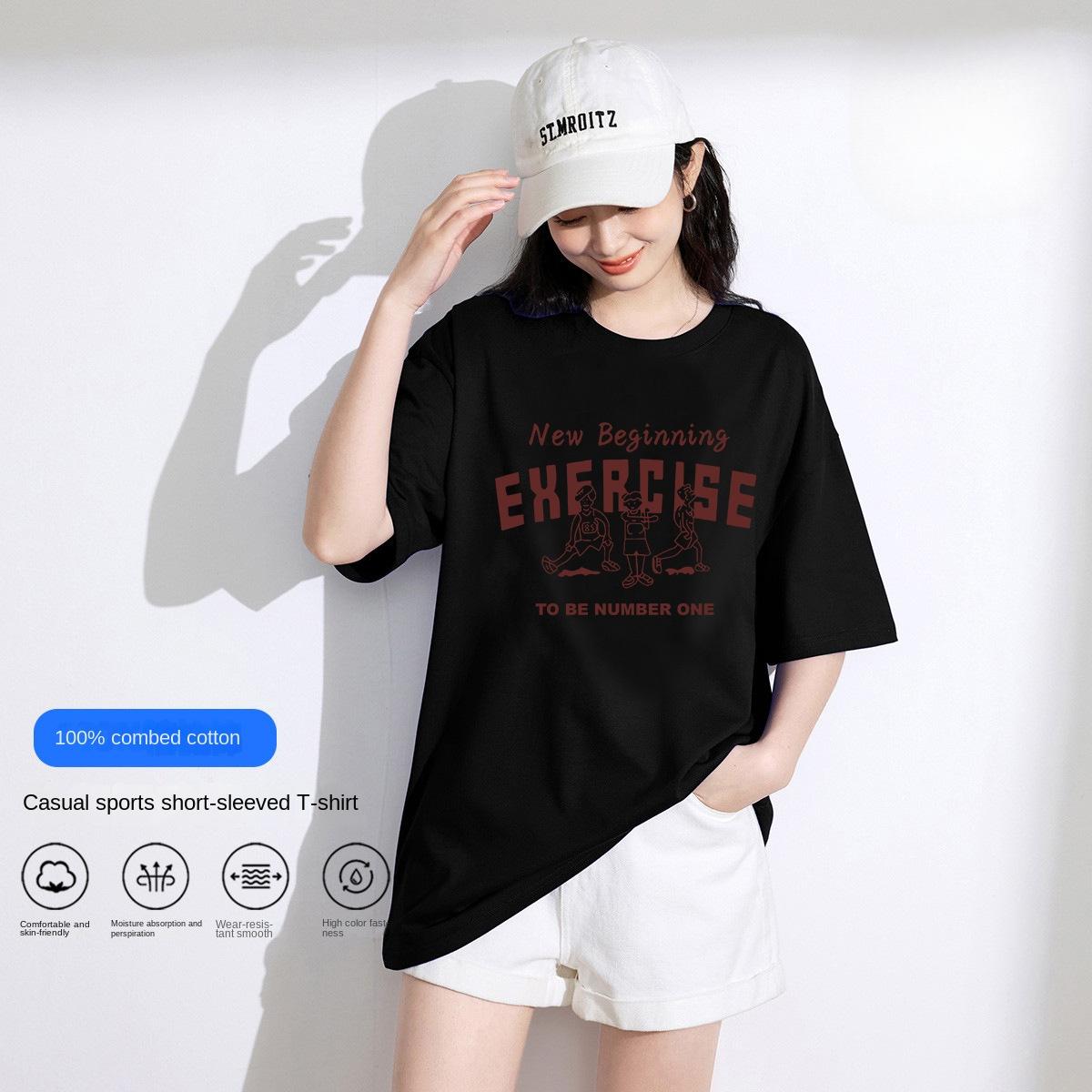 Летняя хлопковая футболка с коротким рукавом с буквенным принтом — фото 17