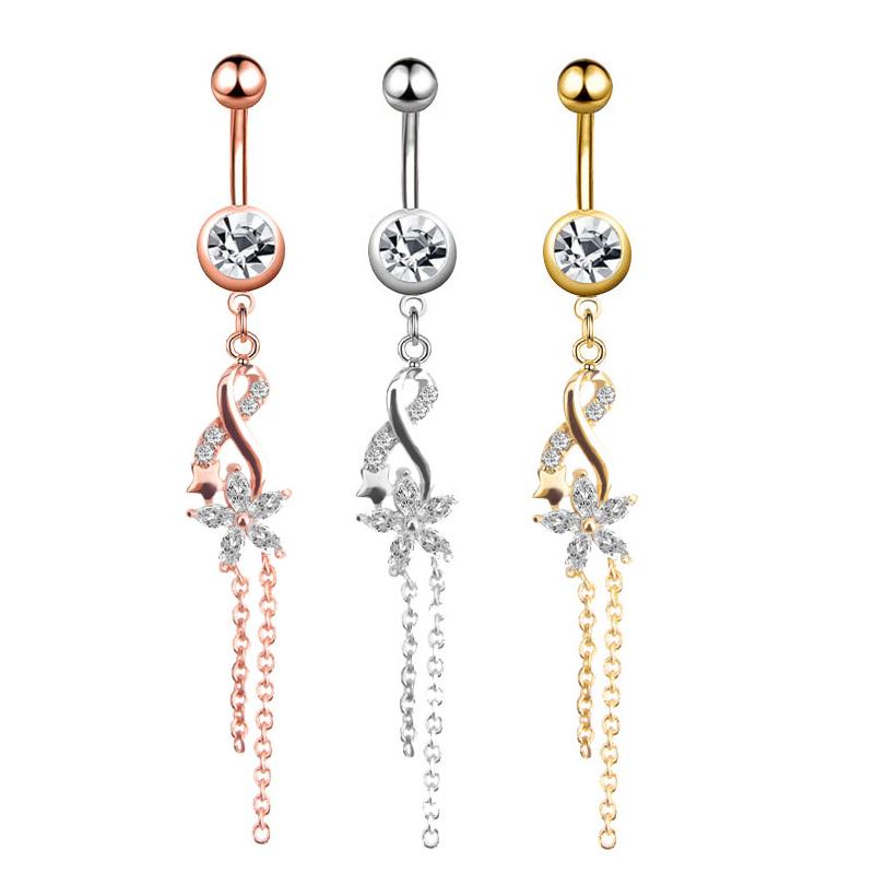 Butterfly-bow Dangled Navel Ring Piercing 14G Flower Heart Crystal CZs Belly Button Ring for Women Stainless Steel Belly Jewelry