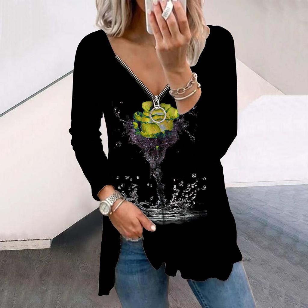 Women Autumn Water Rose Printed Long Sleeve T-Shirts Loose V-Neck Plus Size Tee Shirt Tops Comfy Blouse