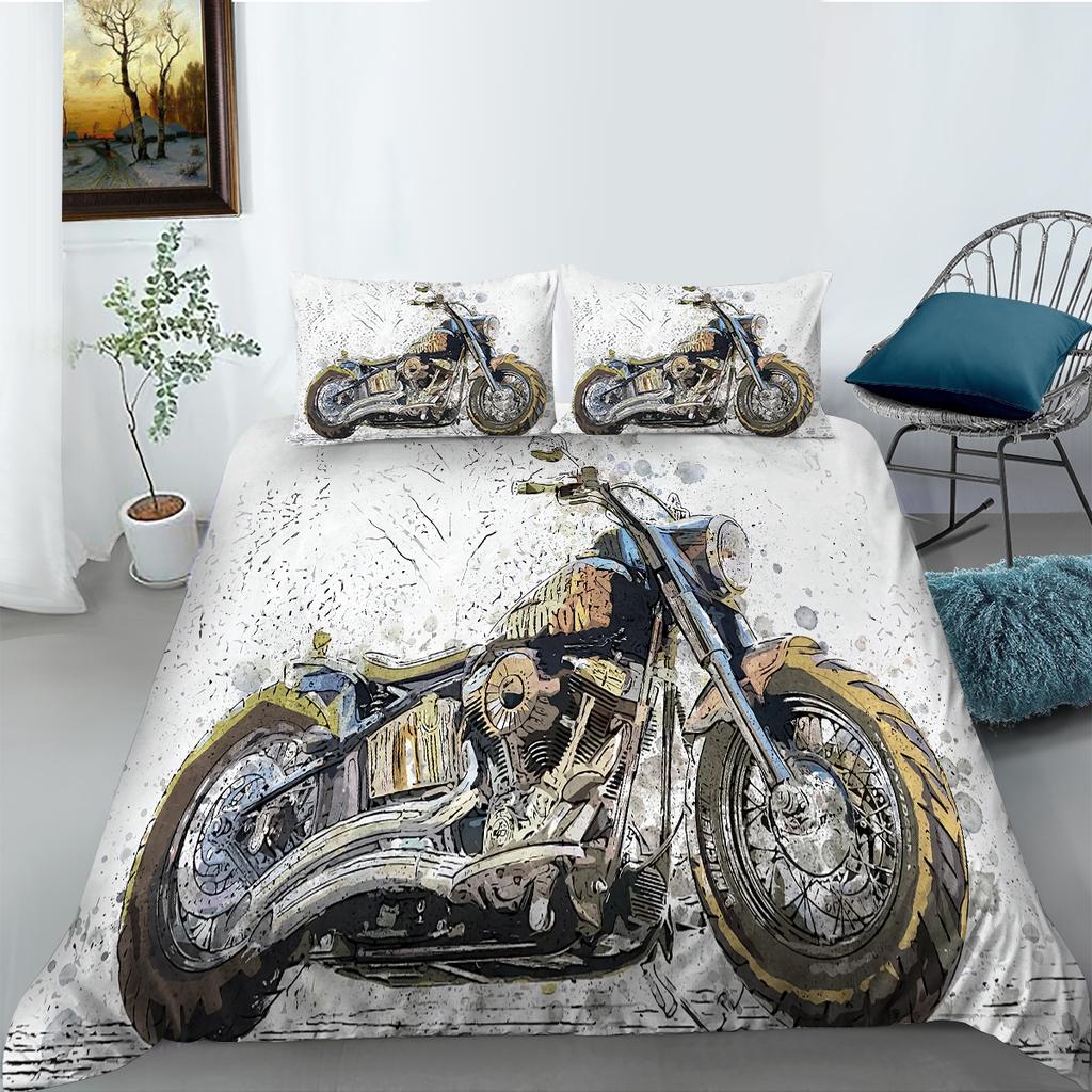 Comfortable Motorcycle Themed Bedding Set 3D Down Duvet Cover 2/3 Pieces for Boys/teenagers/men's Rooms AU180 * 210 Full Size Duvet Cover