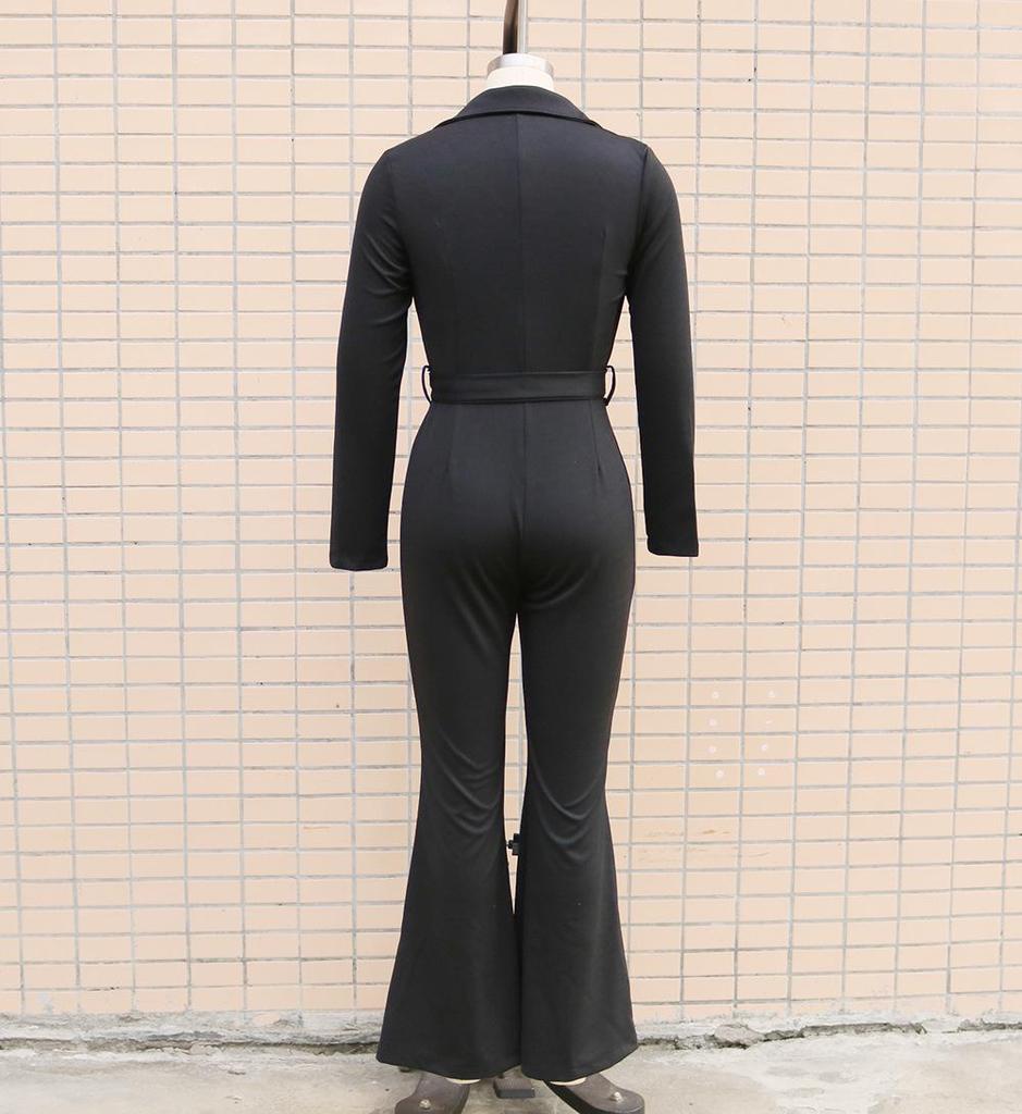 2025 Autumn/Winter Long-Sleeve Shirt Collar Jumpsuit with Mid-Waist Long Pants
