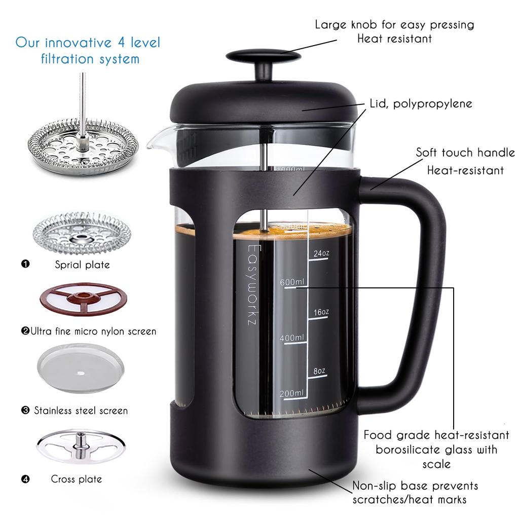 Easyworkz French Press Tepelně odolné sklo Pouze pro kávu a čaj s měkkou rukojetí 1000 ml (8 šálků) Černá