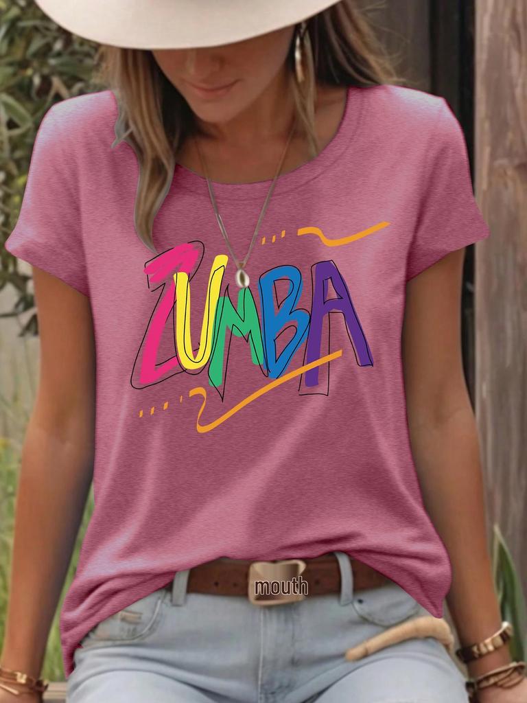 Damen Buntes ZUMB Print Locker Geschnittenes Kurzarm T-Shirt