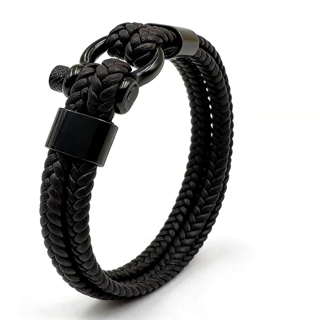 Men's Retro Horseshoe Buckle Leather & Stainless Steel Stackable Bracelet