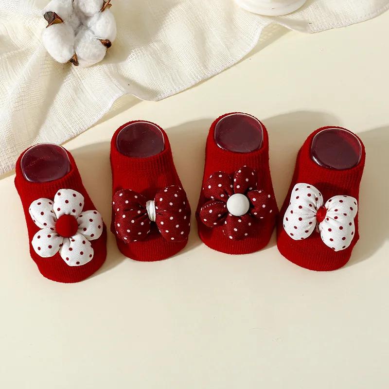 Baby Socks Christmas New Year Newborn Infant Flower Bow Ankle Socks Anti Slip Rubber Soles Baby Girl Indoor Floor Socks