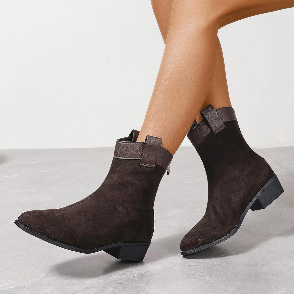 

Большого размера мягкий мех винтажные ковбойские сапоги в западном стиле женские на грубом каблуке короткие сапоги осенне-зимние матовые остроносые сапоги челси 36