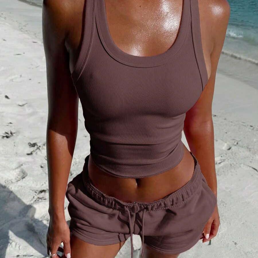Solid Color Threaded Slim I-shaped Suspender Set Women's Elastic Drawstring Casual Shorts Sports Two-piece Set