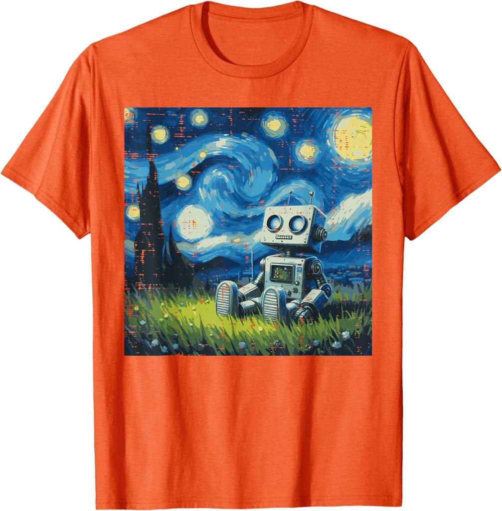 Starry Night Robot Graphic Tee Cotton Round Neck Casual TShirt Art Painting Print Tops for Men Women