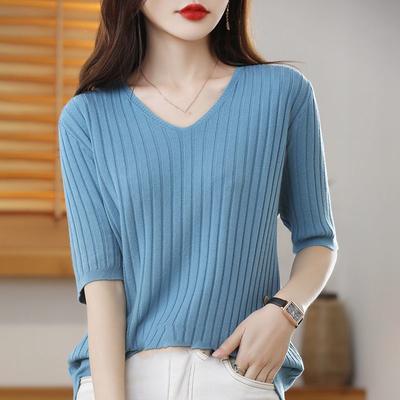 Suéter de Punto Exquisito de Cachemir para Mujer de Manga Corta con Cuello en V para Primavera Verano, Jersey de Color Sólido