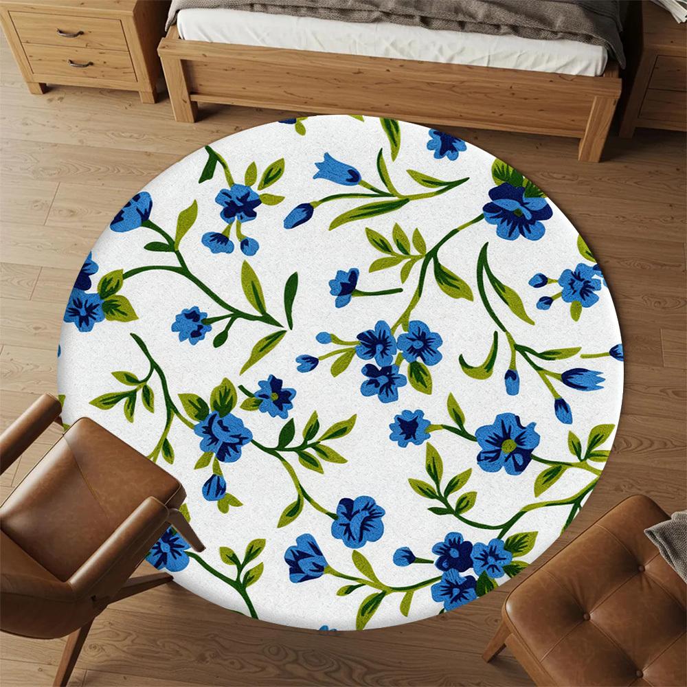 1pc Floral Pattern Blue Flowers Round Chair mat office Area Rug - Non-Slip, Floor Mat for Office, Bedroom, Ideal home decor gift p0105081