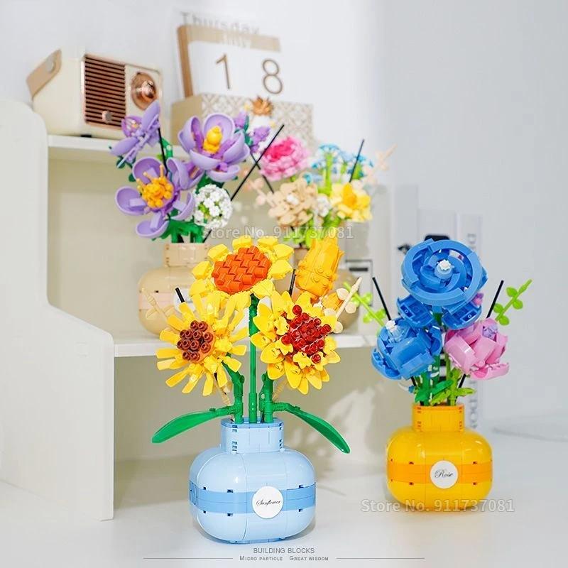 New Flower Bouquet with Vase Compatible Building Blocks Sunflowers Adult Assembled Flower Pots New Year Room New Year Decoration
