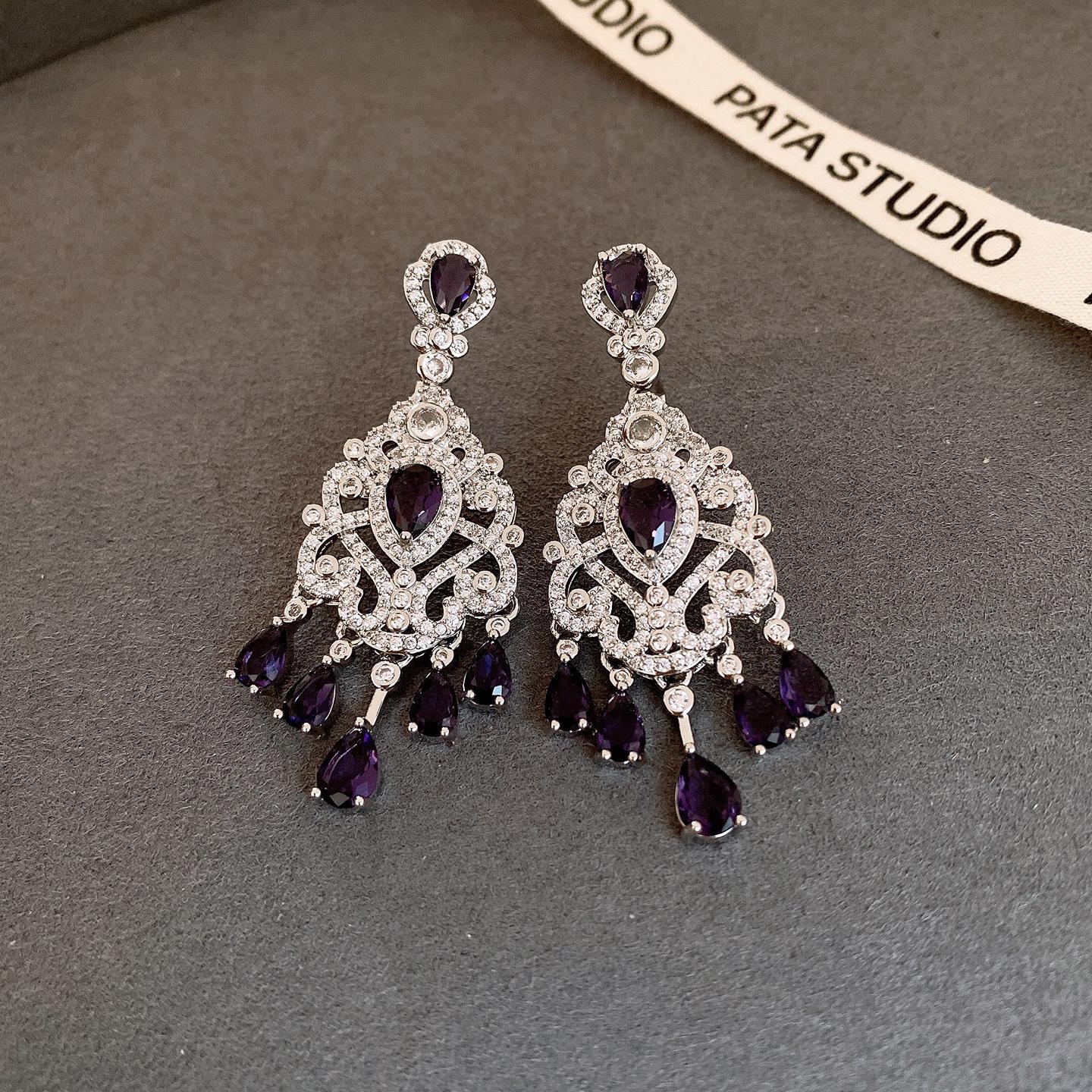 Silver needle French court style zircon flower water drop fringed earrings stud earrings exquisite earrings