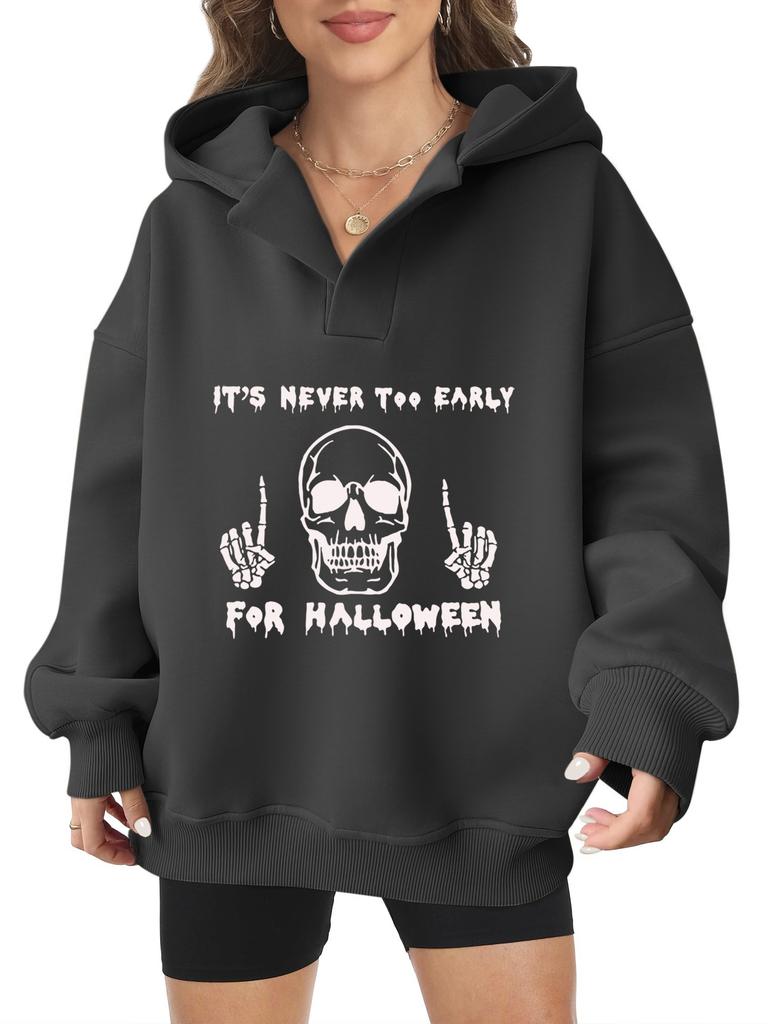 2025 new European and American Halloween women's hooded sweater front and rear pattern winter fleece loose casual