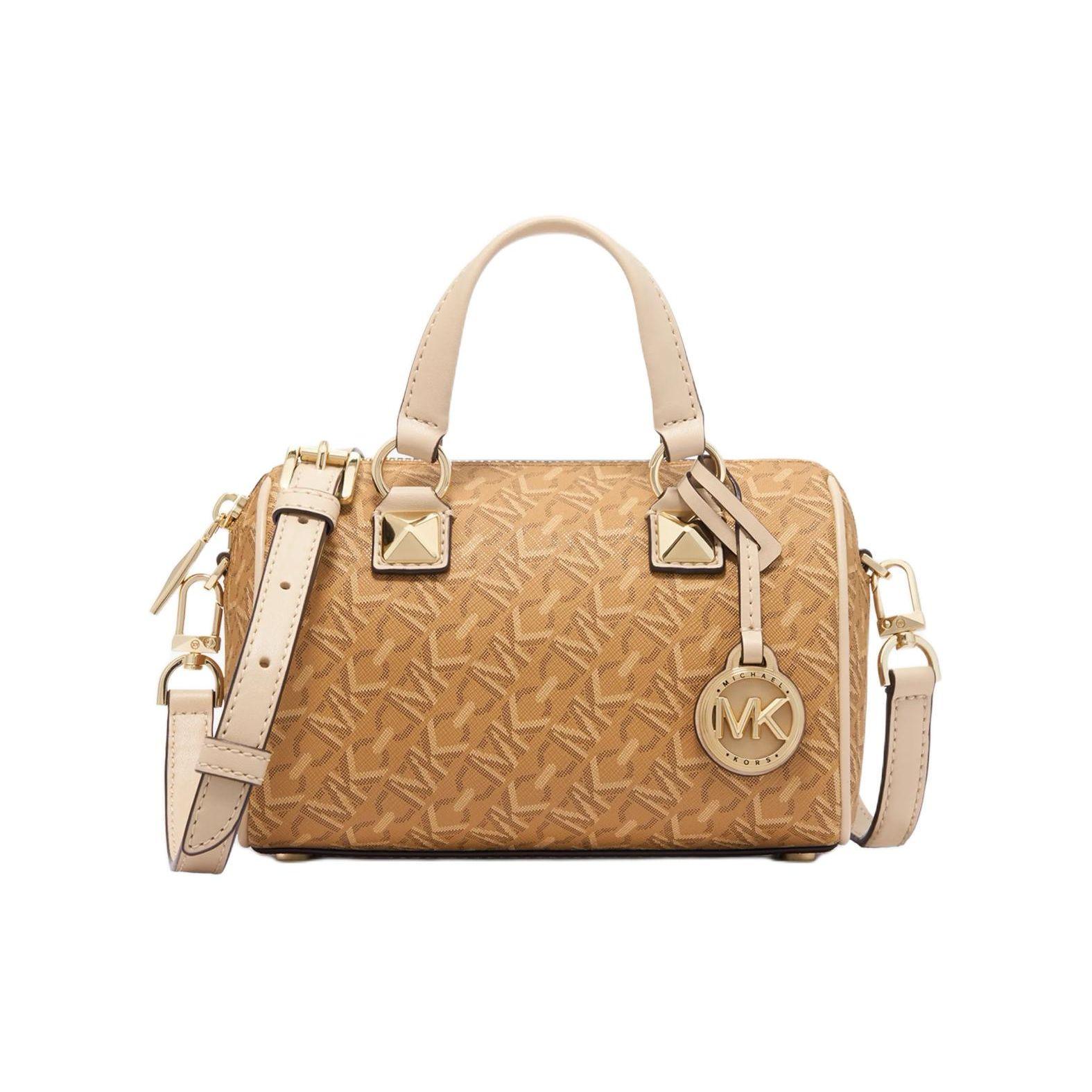 Michael Kors Mk Grayson Classic Monogram Zip Closure Boston Bag Women handbags Peanut 32R4GGYC1B-174 Basic Set (Bag+Dust Bag)