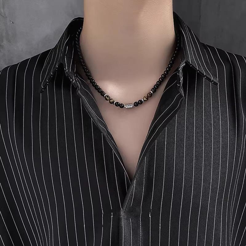 Obsidian Necklace Men's Tide Niche Design Sense Retro Beaded Men's Transfer Beads Clavicle Chain Hip Hop Boys Accessories