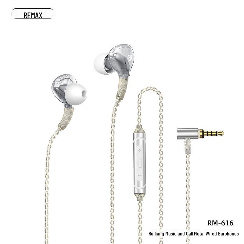 

REMAX Металлические проводные внутриканальные наушники для мобильных телефонов и компьютеров RM-616 3.5 round hole белый/прозрачный