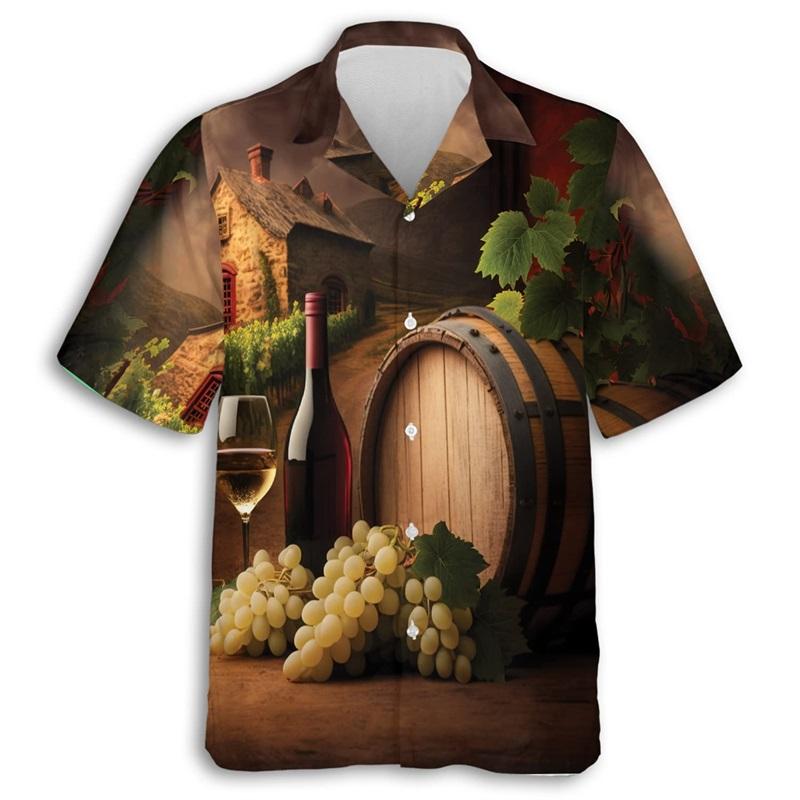 ETST51 3D Print Mousserende Wijn Grafisch Hawa&iuml;aans Shirt Voor Mannen Zomer Korte Mouw Champagne Knopen Beach Shirt Mannen Blouse Tops L