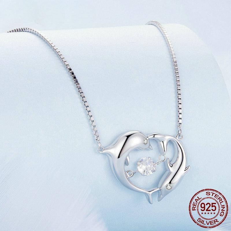 S925 Sterling Silver Connected Double Dolphins Necklace Shiny Zircon Love Neck Chain for Women Fine Jewelry