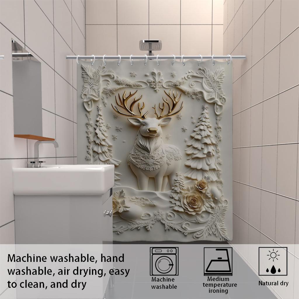 1PC Imitation Relief Christmas Reindeer Print Waterproof Shower Curtain Partition Privacy Hanging Curtain 12 Hooks Multiple Size