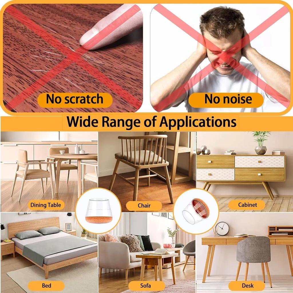 Table Chair Leg Protectors Caps Clear Round for Furniture Legs Cover Floor Sliders Non Slip Scratch Reduce Noise with Felt Pads