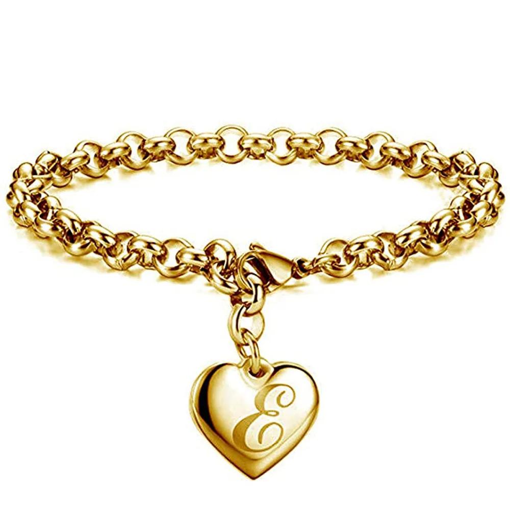 1 StückNeuer Goldfarbener Initialbuchstabe Herzanhänger Armbänder Für Frauen Edelstahl Gliederkettenarmband Mit 26 Buchstaben Graviert