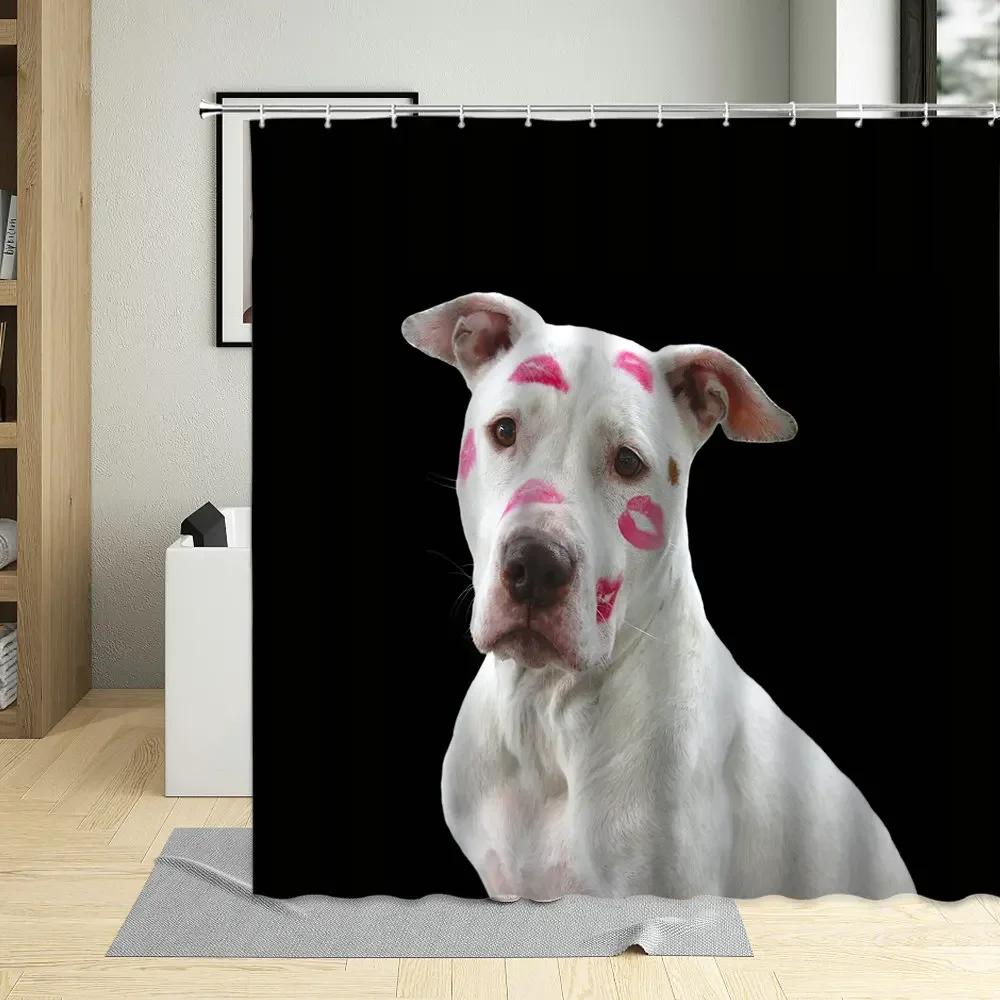 Cute Beige Dog Pug Puppy Pink Hearts Pattern Decor Bathroom Curtains Polyester Fabric Waterproof Kids Shower Curtain With Hooks
