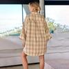 Women Spring Autumn Temperament Large Lapel Collar Plaid Shirt Loose Blouses Long Lantern Sleeve Cardigan S-XL