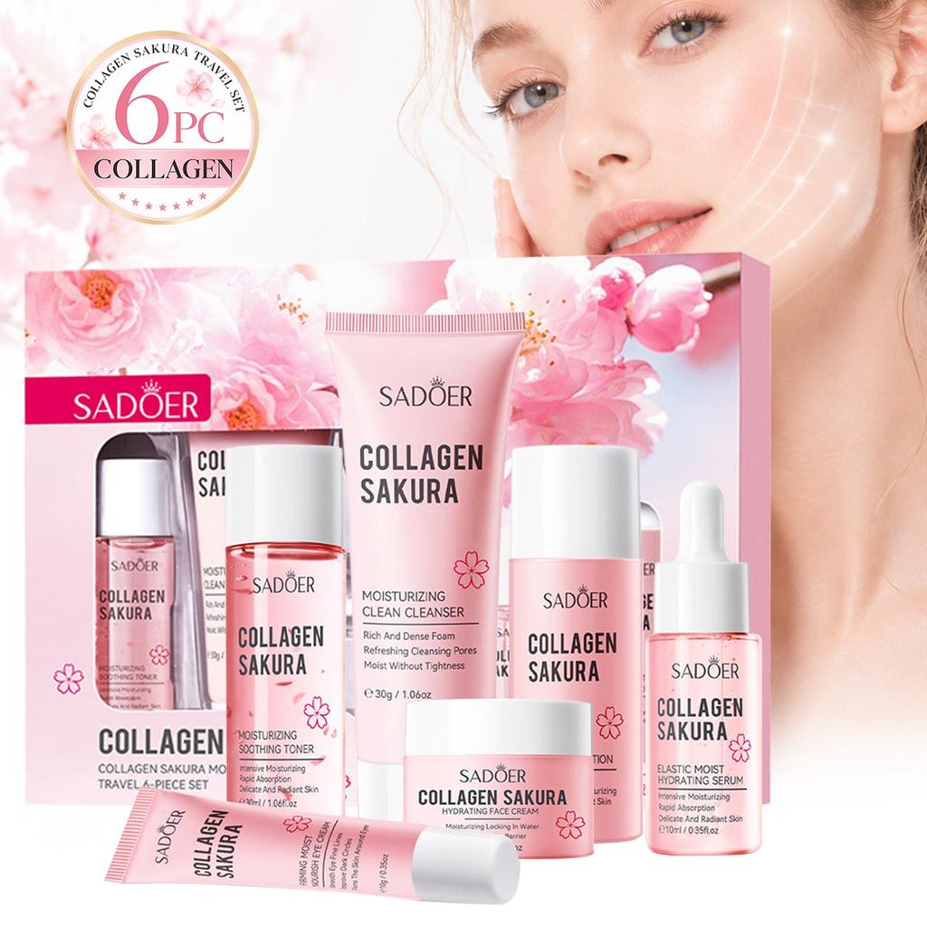Collagen Cherry Blossom 6-Piece Travel Skincare Set - Hydrating & Soothing Facial Care Kit With Clea