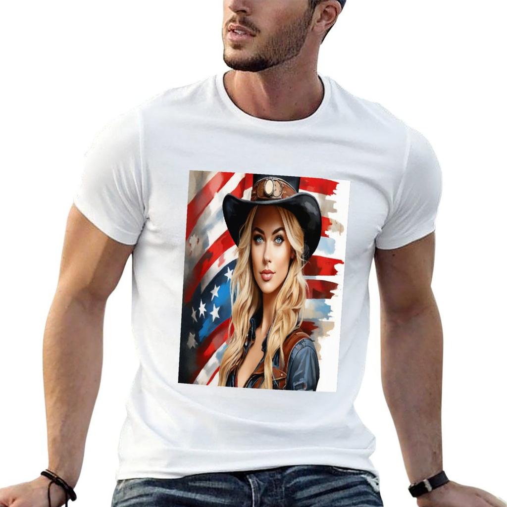Steampunk chick in front of American flag TShirt Sun Protective Outdoor Tee Top