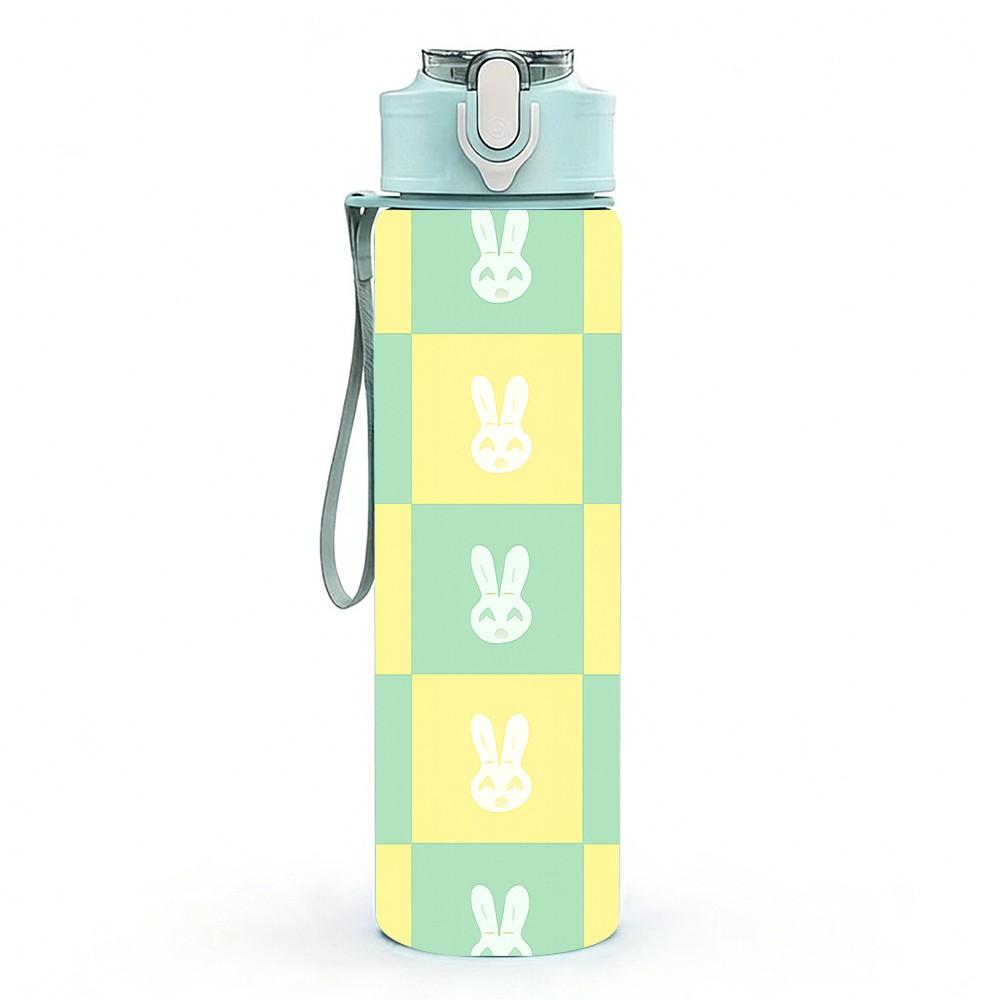 1PC Bunny Checkered Repeat Pattern 750ml Color Plastic Sports Water Bottle Leakproof Flip Straw Lid Suitable for Sports Office Home Use