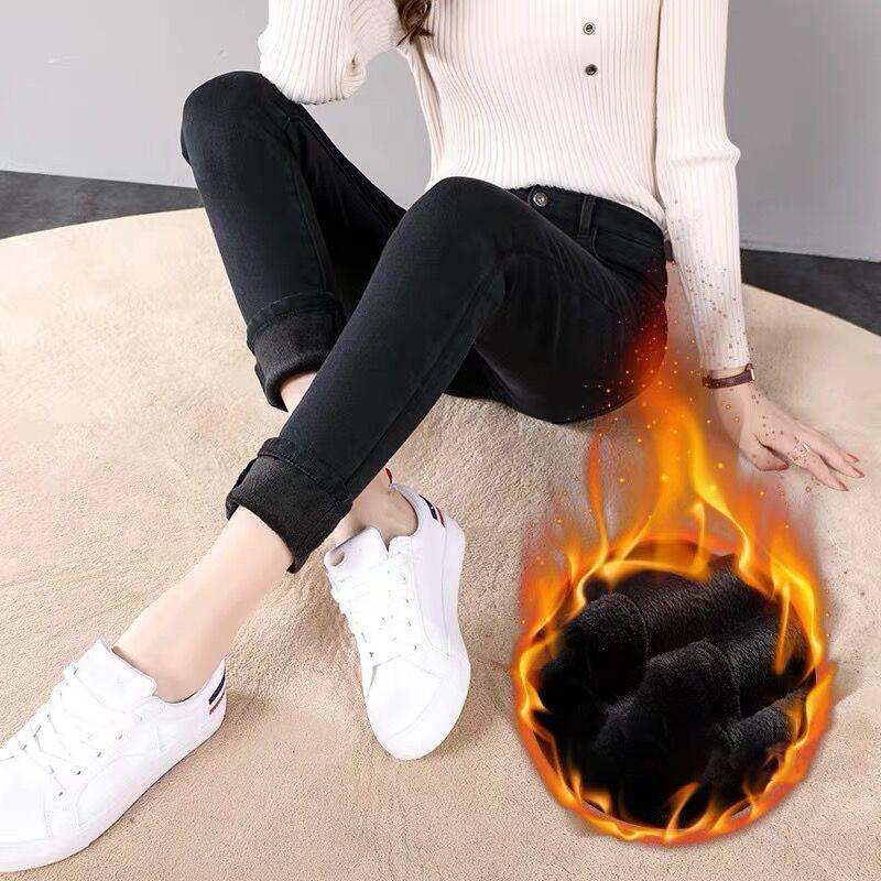 Thickened Fleece Women's Jeans High Waist Slimming Versatile Outerwear Winter Elastic Slim Fit Pants Comfortable Autumn Winter