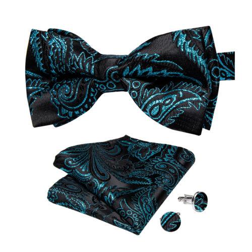 Conjunto de abotoaduras masculinas de seda azul ajustável com gravata borboleta Paisley floral Hanky
