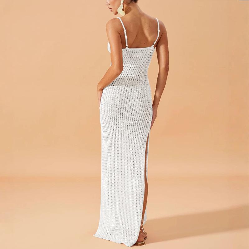 Jednobarevné halter šaty s bočními rozparky, Perfektní letní přímořský vzhled pro dámské pletené šaty, Zeštíhlující šaty obepínající tělo