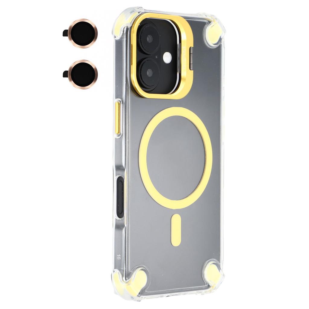 For iPhone 16 Magnetic Clear Case Shockproof Hybrid Phone Shell with Camera Lens Frame Kickstand