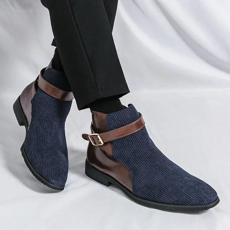 Mode Herr Stora Storlekar Läderkängor Trendiga Splicade Högtoppiga Herrkängor Andningsbara Halkfria Retro Spetsig Tå Casual Affärskängor