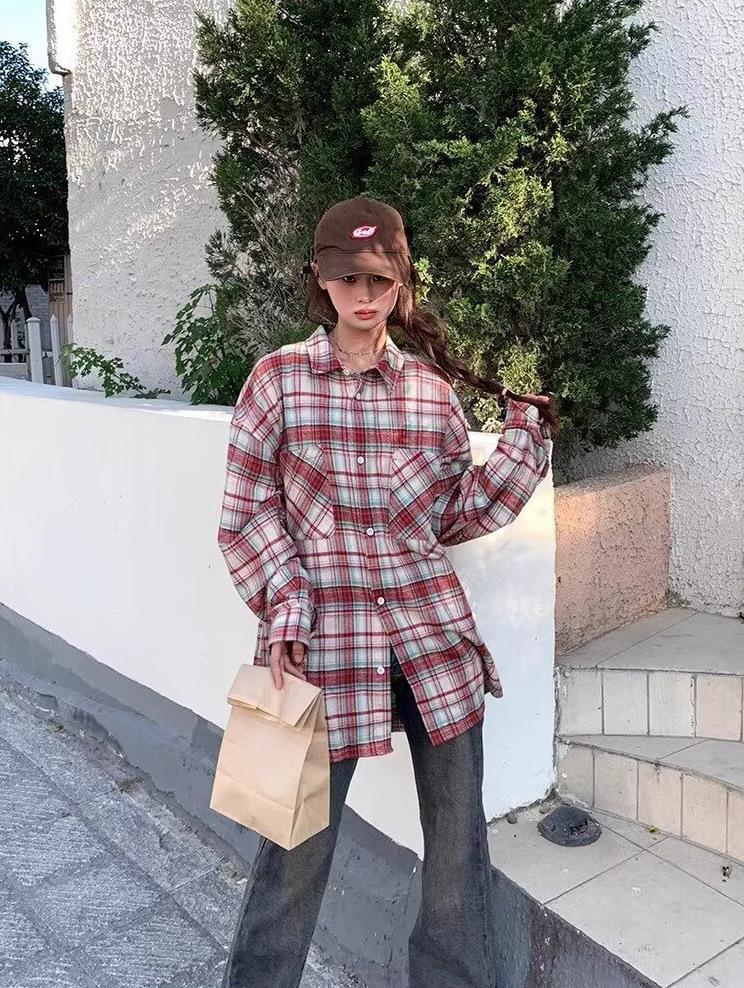 

2025 Осень Корейско-японская Ретро Клетчатая Парная Куртка-рубашка с длинным рукавом и отложным воротником XXL розовый