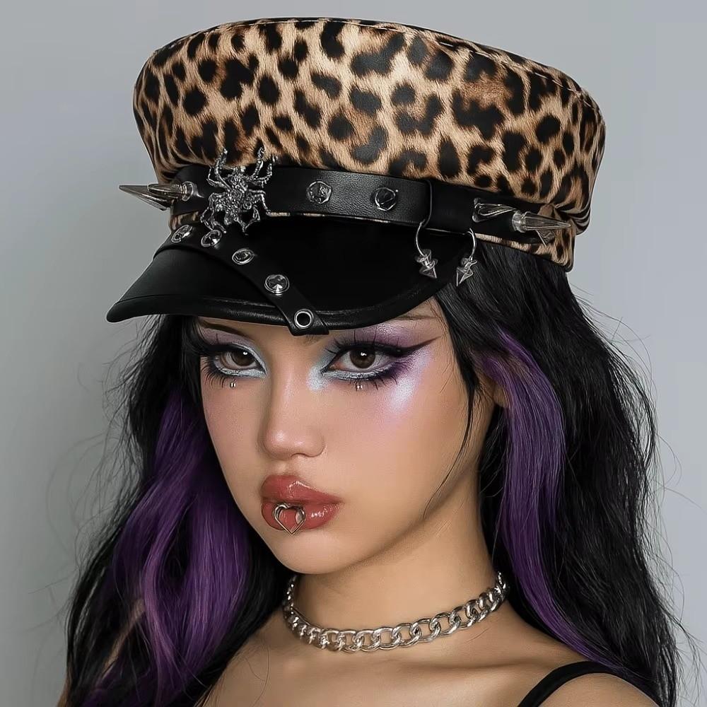 Spider Hoop Riveted Flat Top Cap Spice Girl Style PU Leather Captain Caps New Newsboy Hat