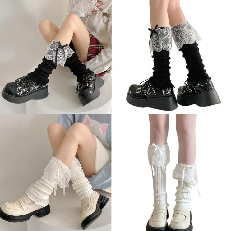 Women Aesthetic Ribbed Knit Stretch Leg Warmer Japanese Boot Cover Sweet Ruffled Lace Trim Bows Leg Sleeve Long Socks