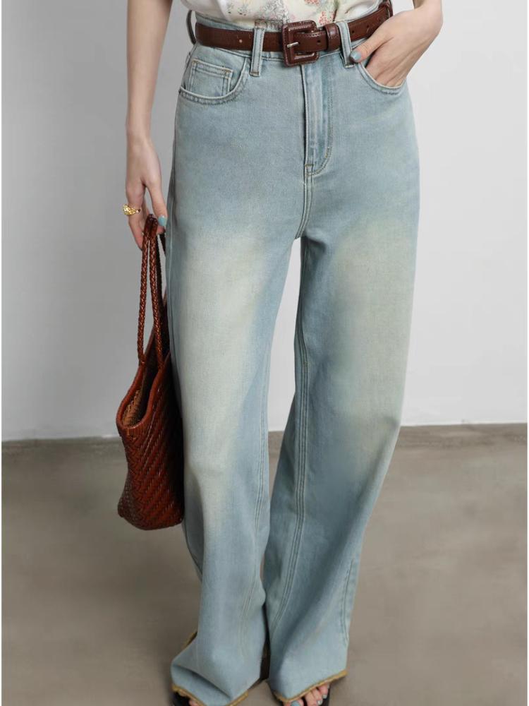 

Светло-голубые прямые джинсы в стиле ретро. Женская уличная одежда. Новые винтажные потертые широкие брюки с высокой талией. Корейский модный дизайн. Повседневные брюки из денима. XL синий