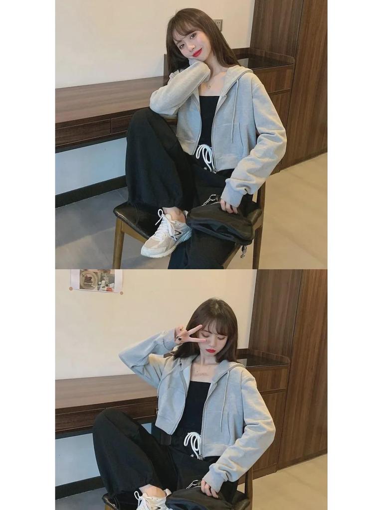 Korean Autumn Womens Hooded Zip Cardigan Thin Solid Color Long Sleeve
