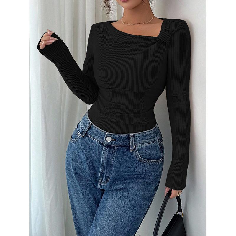 

Autumn and Winter New Korean Edition Design Irregular Collar Solid Color Elegant Sweet Long Sleeve T-shirt S чёрный