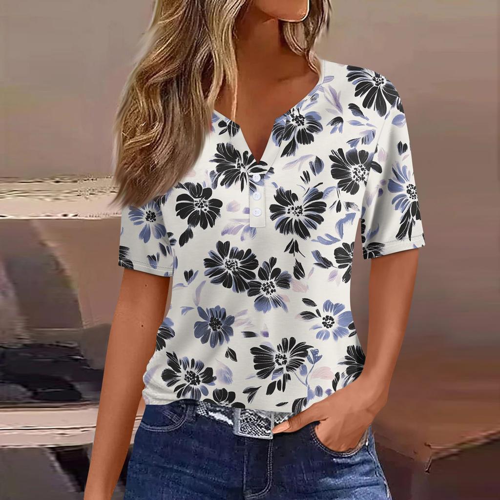 Women's T Shirt Tee Print Button Short Sleeve Daily Weekend Fashion Basic V- Neck Regular Top