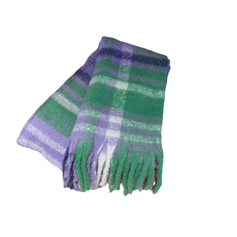 Rainbow Plaid Autumn and Winter Imitation Cashmere Thick Beard Scarf for Female Students Couple Mohair Warm Scarf Thick Shawl